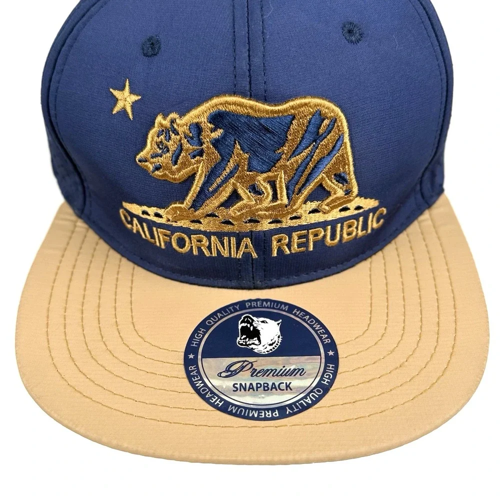 California Republic Bear Flat Brim Snapback Baseball Cap Hat Adult OS Blue Gold